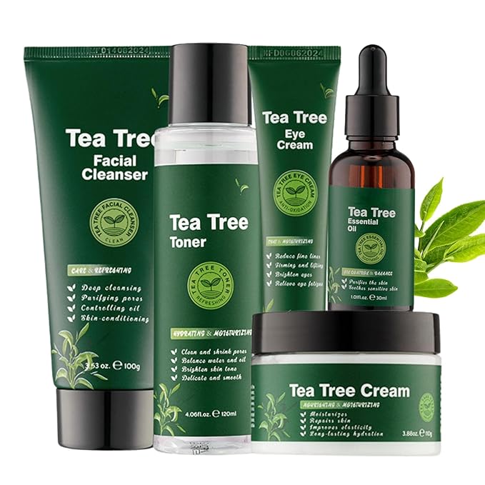 Tea Tree Skincare Set Mother's Day Gifts - 5 Pcs Skin Care Set - Skincare for Girls 10-12 - Skin Care for Teens 10-12 - Gift Set for Women with Cleanser,Toner,Face Cream,Eye Cream,Essential Oil