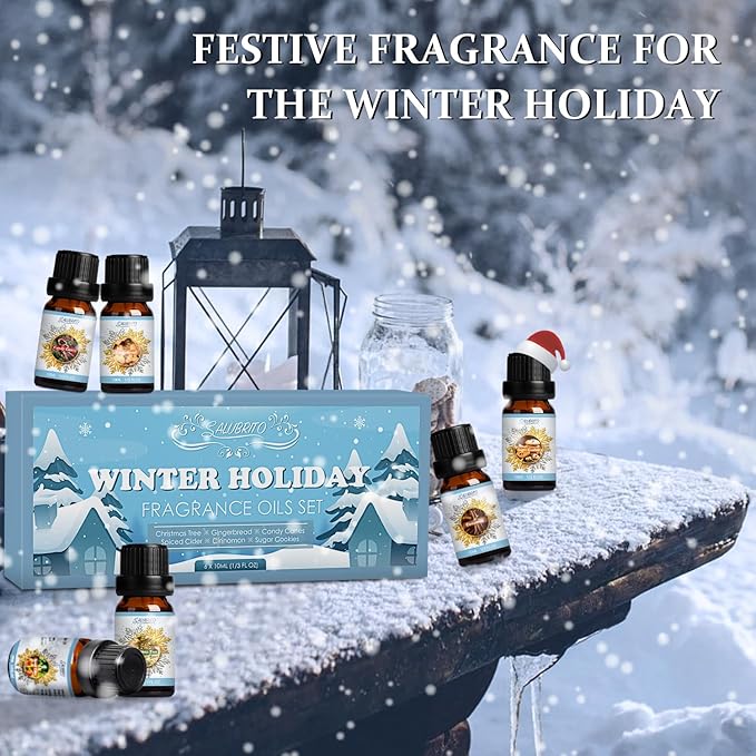 SALUBRITO Winter Fragrance Oils Set, Holiday Essential Oils for Diffuser, Candle, Soap Making - Christmas Tree, Cinnamon, Gingerbread, Candy Cane, Spiced Cider, Sugar Cookies Scented Oil