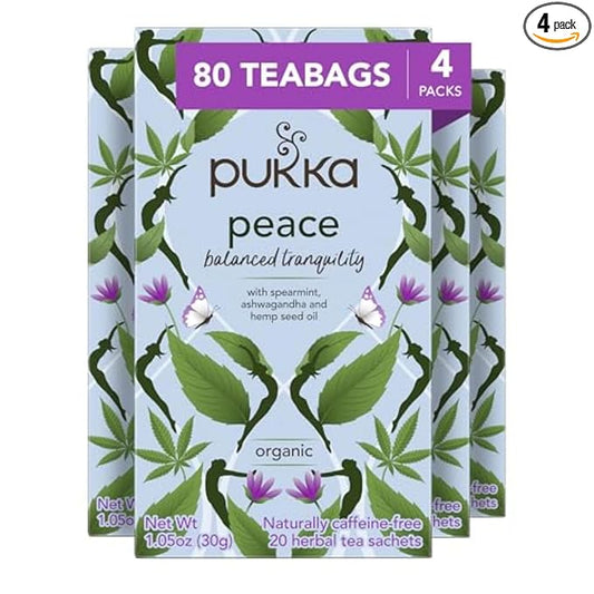 Pukka Organic Tea Bags, Peace Herbal Tea with Spearmint, Ashwagandha, and Hemp Seed Oil, Perfect for Balanced Tranquility, Caffeine Free, 20 Count (Pack of 4), 80 Bags