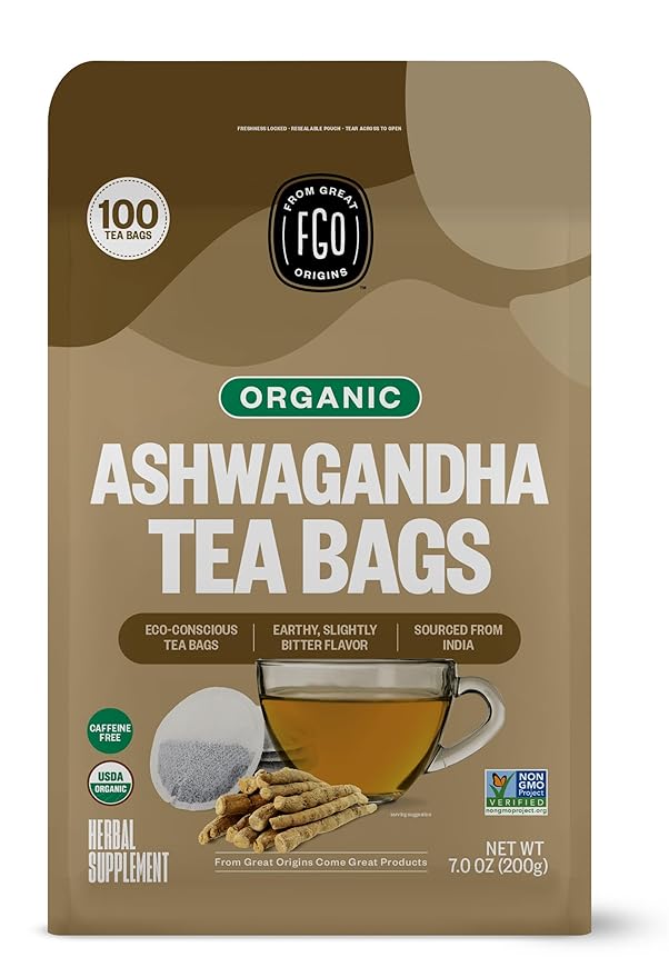 FGO Organic Ashwagandha Tea, 100 Count, Eco-Conscious Herbal Tea Bags, Resealable Bag, Caffeine Free, Packaging May Vary (Pack of 1)