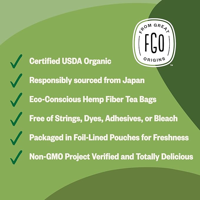 FGO Organic Japanese Matcha + Green Tea, 20 Count, Eco-Conscious Tea Bags, Resealable Bag, Packaging May Vary (Pack of 1)
