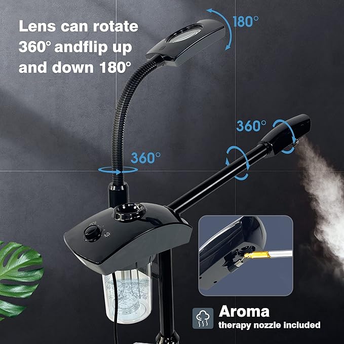 KINGSTEAM Professional Facial Steamer, 2 in 1 Ozone Facial Steamer on Wheels with 3X Magnifying Lamp, Hot Mist Steam Machine with Time Preset Function for Face Spa, Home, Aromatherapy and Skin Clinic