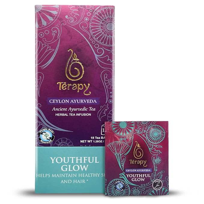 Térapy Ceylon Youthful Glow Herbal Tea Bags | Helps Maintain Healthy Skin and Hair | 100% Natural Blue Butterfly Peas, Licorice Root, Green Tea & More | Individually Wrapped Organic Tea Bags |18 Count