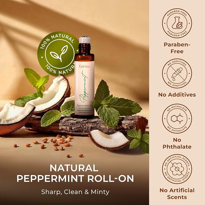 Gya Labs Peppermint Essential Oil Roll On - Natural Queasiness Soother for Pregnant Women, 100% Pure Natural Peppermint Oil Roller for Motion Relief, Head Cooling, Pregnancy Must Haves (0.34 Fl Oz)