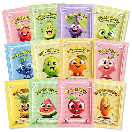 Kaely 12 Pack Fruit Face Masks for Kids, Kids Face Mask Spa Day kit Supplies, Spa Party Favors for Teens Girls Women, Sheet Facial Mask Skincare Gifts Set, Moisturize Soothe for All Skin Types, 01