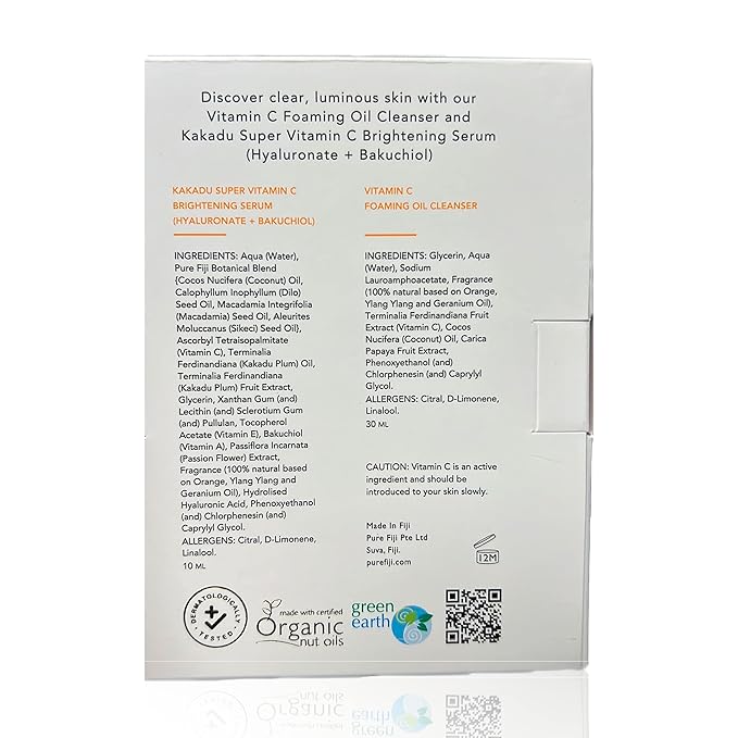 Pure Fiji Vitamin C Brightening Duo Kit - Foaming Oil and Brightening Vitamin C Face Serum - Anti Aging Anti-Wrinkle Facial Serum Gentle Foaming Oil, Antioxidant Serum, for All Skin Types