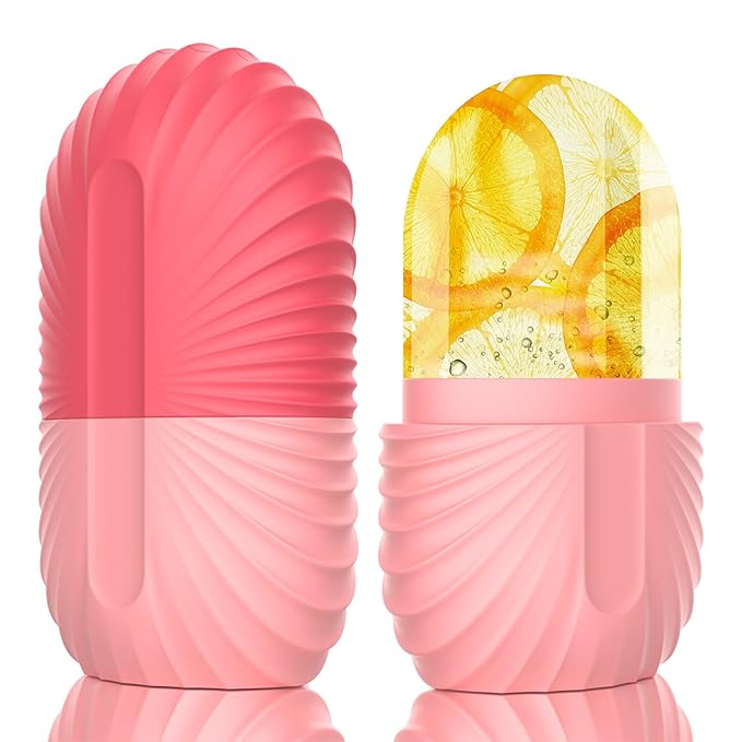Ice Face Roller, Silicone Facial Ice Roller, Reusable Skin Care Massager Tools for Relieve Puffiness, Tighten Skin, Shrink Pores Shell Pink