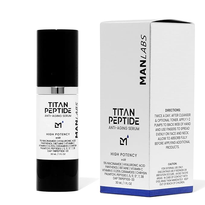 Titan High Potency Anti Aging Peptide Serum for Face - Men's Gentle Multi Peptide Moisturizer with Hyaluronic Acid, 5% Niacinamide, Vitamin C, Vitamin E, and Ceramides - Unscented, 1 Fl Oz