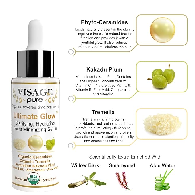 Ultimate Glow - Brightening, Clarifying, Hydrating and Pores Minimizing Face Serum - High Concentration Organic Vitamin C, Phyto-Ceramides, Tremella, and The Pores Cleaning Willow Bark - USDA Organic - Physician Formulated - Research Supported