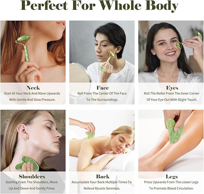 Guasha Tool for Face & Jade Roller for Face,Gua Sha Facial Tools for Reduce Puffiness and Improve Wrinkles,Green Jade Roller and Gua Sha Set Self Care Gifts for Women
