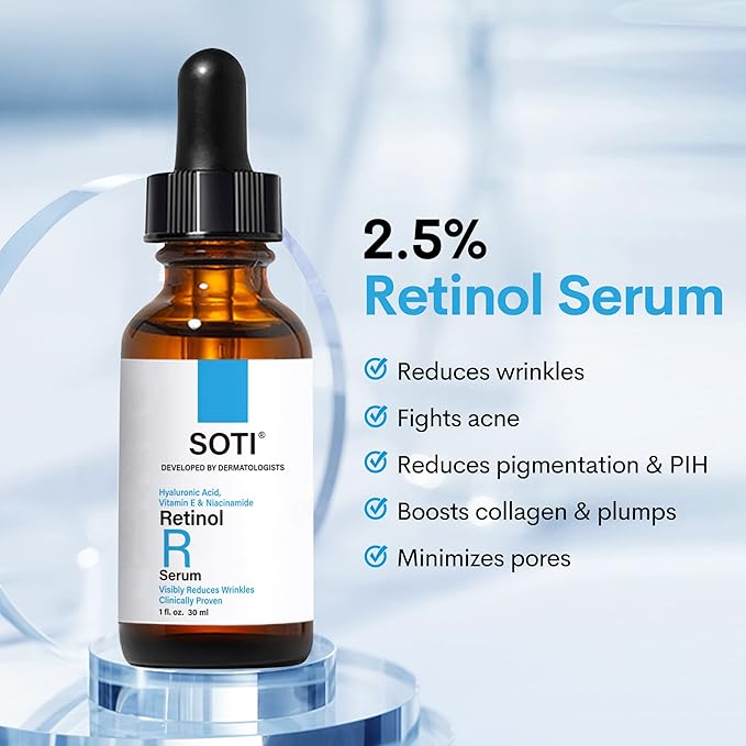 Soti 2.5% Retinol Serum, Reduces Wrinkles, Age Spots, Post-Acne Marks. Stimulates Collagen, Firm Skin, Anti Aging with Hyaluronic Acid, Niacinamide (30ml)