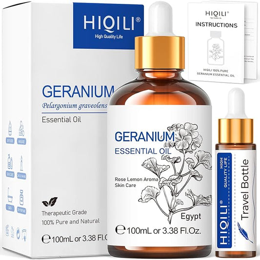 HIQILI 100ML Geranium Essential Oil for Skin, Diffuser & Candle, 100% Pure and Natural - 3.38 Fl Oz