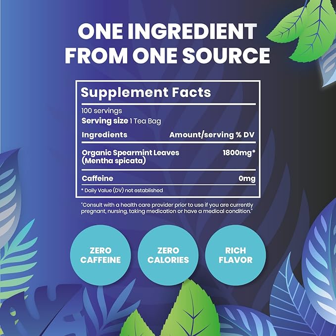 Organic Spearmint Herbal Tea — 100 Tea Bags | Grown in USA | Eco-Friendly Tea Bags | Non-GMO Caffeine Free Tea | Cederberg Tea Company