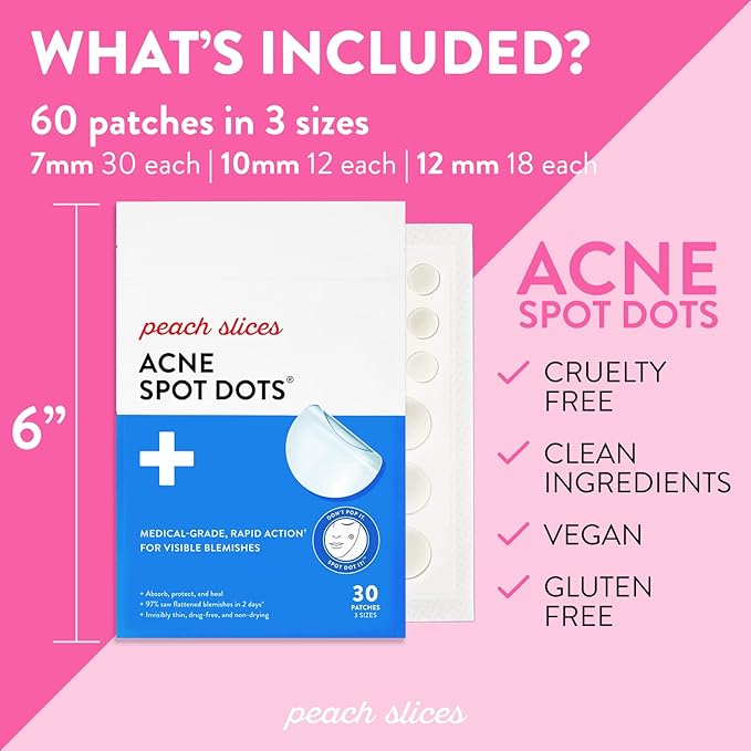 Peach Slices | Acne Spot Dots | Hydrocolloid Acne Patches | For Zits, Blemishes, & Breakouts | Vegan | Cruelty-Free | Pimple Patches | Facial Skin Care Products | 3 Sizes (7mm, 10mm, & 12mm) | 60 Ct