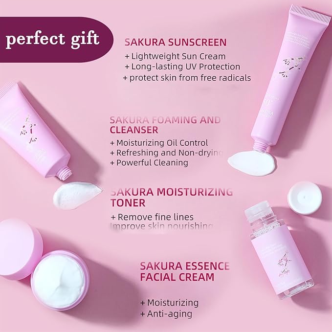 Sakura Skincare Gifts for Teenage Girls Skincare Kits - Skin Care Sets & Kits - Cherry Blossom Skin Care Kit - Pamper Sets For Women Gifts - Travel Size Face Wash-Toner-Moisturizer-Sunscreen