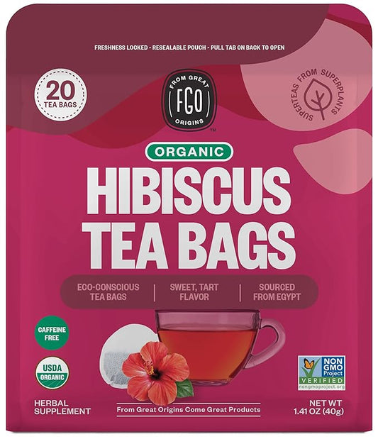 FGO Organic Hibiscus Herbal Tea, 20 Count, Eco-Conscious Tea Bags, Caffeine Free, Resealable Bag, Packaging May Vary (Pack of 1)
