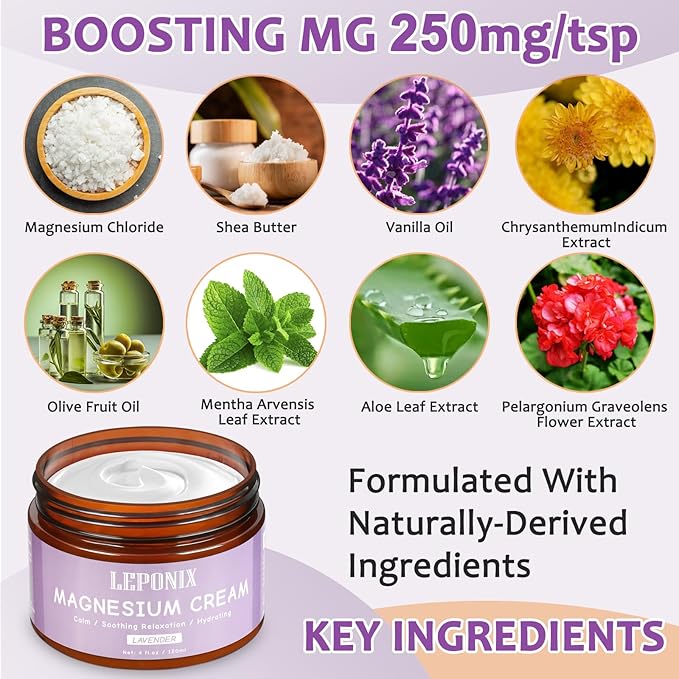 LEPONIX Magnesium Cream for Sleep - Topical Magnesium Lotion for Muscle Relaxation, Leg Cramps, Pain Relief & Better Sleep, Soothing Magnesium Body Butter for Adults & Kids (120ml, Lavender)