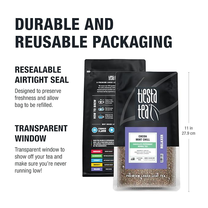 Tiesta Tea - Cocoa Mint Chill | Loose Leaf | Chocolate Peppermint Herbal Tea Blend with Rooibos | Non-Caffeinated | Brew Hot or Iced | Makes Up to 200 Cups | 12 Ounce Resealable Bulk Pouch