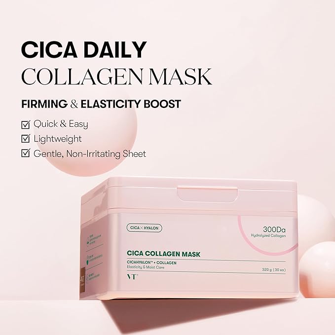 VT COSMETICS CICA Collagen Daily Mask 30 Sheets, 300Da Low Molecular Collagen for Skin Elasticity, Hydrating & Firming, Pink Collagen Essence, Korean Face Mask