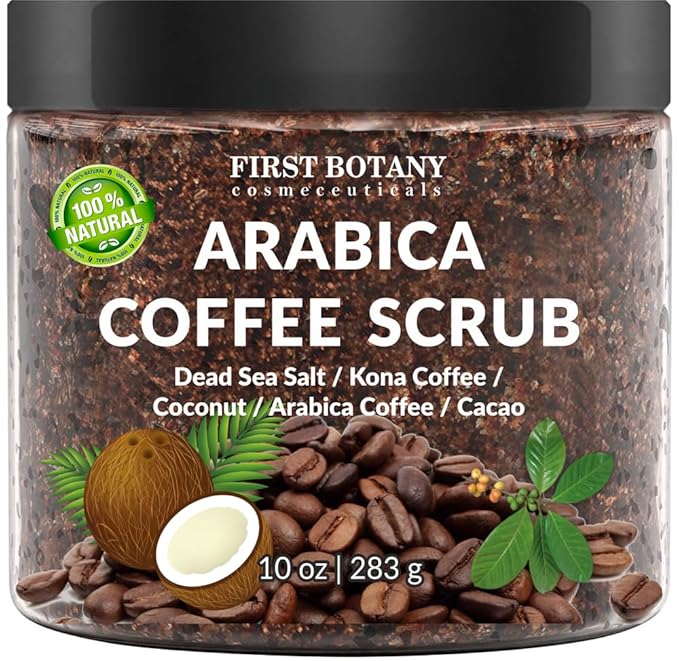 First Botany Cosmeceuticals, 100% Natural Arabica Coffee Scrub with Organic Coffee Coconut & Shea Butter Acne Anti Cellulite & Stretch Mark treatment Spider Vein Therapy, Varicose Veins Eczema, 10 oz