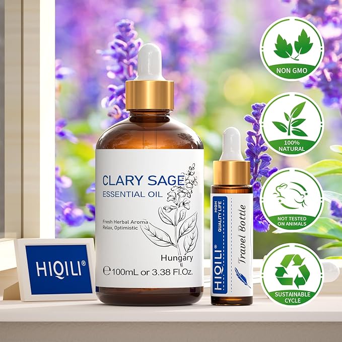 HIQILI Clary Sage Oil Essential, Herbal Sooth Aroma in Diffuse for Anxiety Relief, Meditation, Calming Sleep at Bedtime, Body Massage, Moisturize Skin, DIY Deodorant Spray - 100ML
