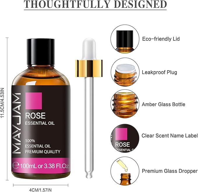 Rose Essential Oil, MAYJAM Premium Pure Essential Oils for Diffusers for Home, 3.38FL.OZ Large Volume Rose Oil for Soap Candle Making Massage