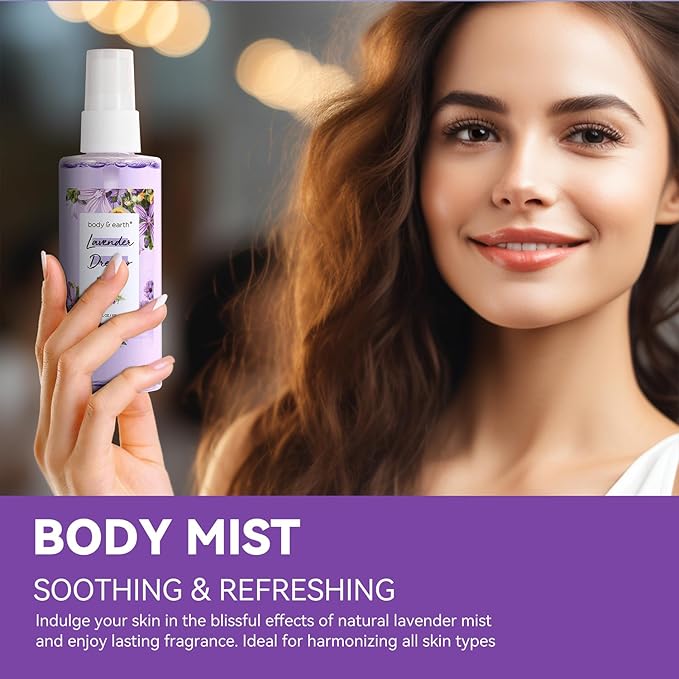 BODY & EARTH Body Mist Gift Set - Spa Gifts for Women, Perfume, Body Lotion, and Body Scrub in a Lavender Dreams Box- Perfect Birthday Gifts for Moms, and Special Occasions,Unique Gift Ideas for Her