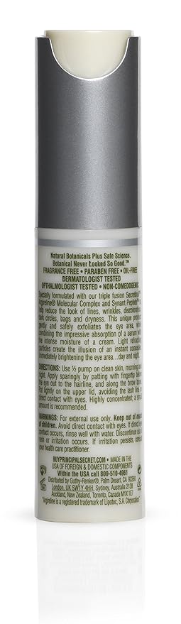 Principal Secret reclaim BOTANICAL Anti-Aging Radiant Recovery Fluid Eye Cream Plant Based Retinol, Argireline, Squalane, Peptides, Ceramides Hyaluronic Acid for Dark Circles & Wrinkles 0.5oz