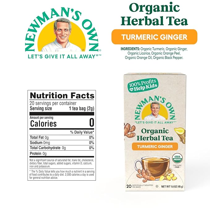Newman ’s Own Organic Turmeric Ginger Herbal Tea Caffeine-Free May Aid Digestion and Boost Immunity Turmeric Tea with 20 Individually Wrapped Tea Bags Per Box USDA Certified