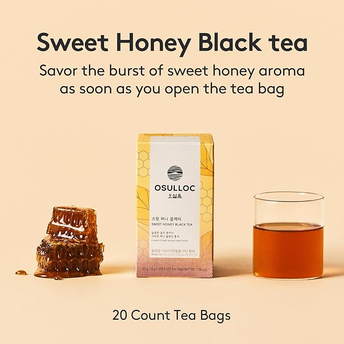 OSULLOC Sweet Honey Black Tea (20 count) Black tea filled with Sweet Flavor of Honey, Premium Blended Tea bags from Jeju Island