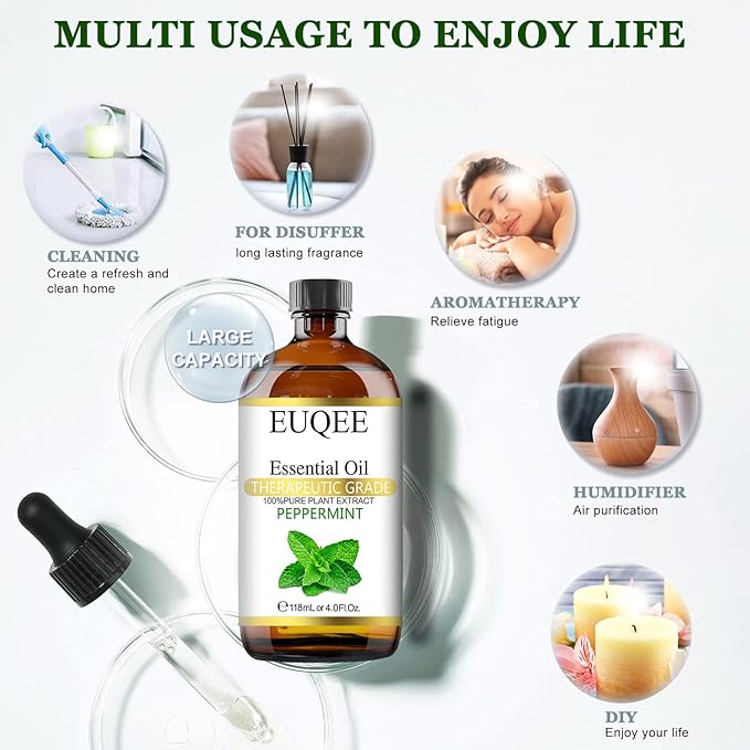 Peppermint Essential Oil 118 ml Pure Peppermint Oil with Glass Dropper for Aromatherapy, Diffuser, Soap Candle Making - 4Fl. Oz