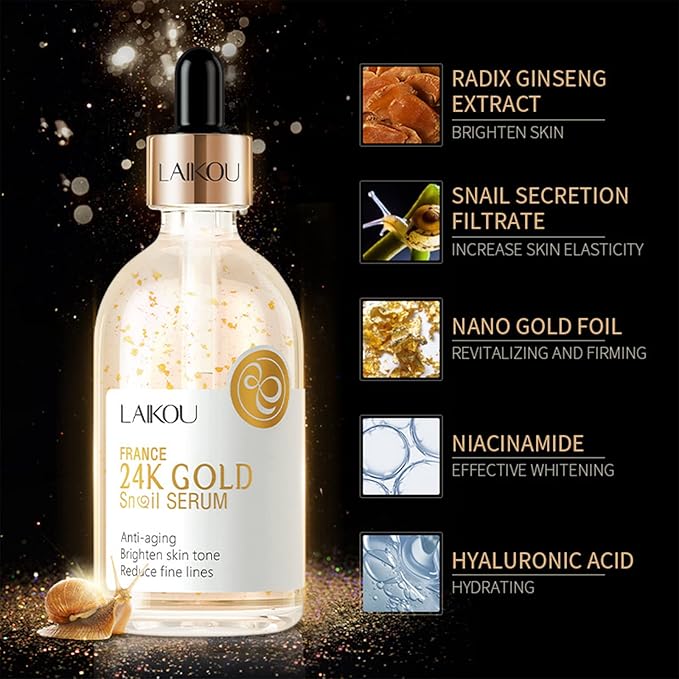 Snail Serum for Face,Hyaluronic Acid Serum with Vitamin B3 Oil Niacinamide Serum Facial 24k Gold Snail Collagen Reduces Fine Lines Brightening Nourishing Hydrating Face Serum Skincare Product
