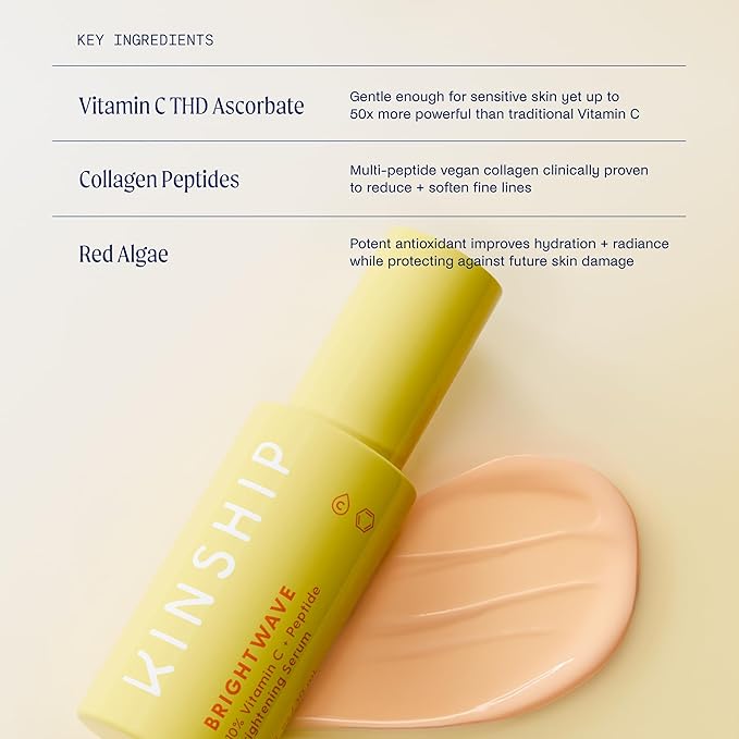 Kinship Brightwave 10% Vitamin C + Peptide Serum - Fade Dark Spots, Reduce Fine Lines & Wrinkles - Brighten, Plump & Smooth Face - Vegan Collagen - Anti-Aging Skincare - All Skin Types (1 Fl Oz)