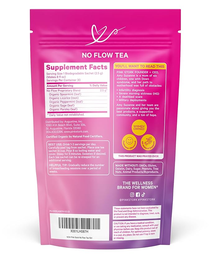 Pink Stork No Flow - Organic Sage Tea to Dry Up Breast Milk Supply and Decrease Milk Production, Stop Breastfeeding, Wean Lactation Naturally, Postpartum Essentials - Hot or Iced - 15 Sachets