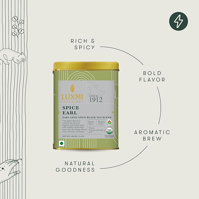 Luxmi Estates - Spice Earl - Spiced Earl Grey Tea - Loose Leaf - 100g (50 Cups) | Assam Black Tea with Natural Bergamot Extracts and Chai Spices | A Great Morning Cup as an Alternative to Coffee