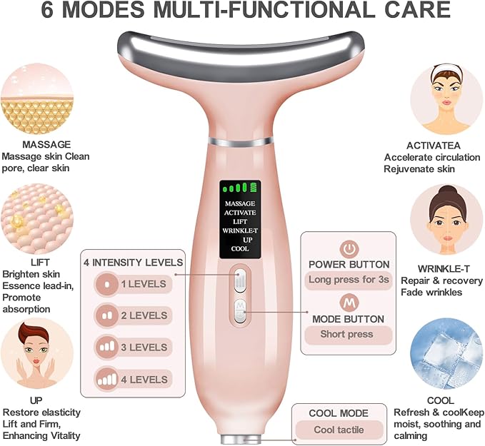 youngfocus Face-Neck-Massager, Vibration, Cooling and Thermal Functions for Multifunctional Skin Care, Anti-Aging Face Massager Improve, Firm, Tightening and Smooth (Pink)