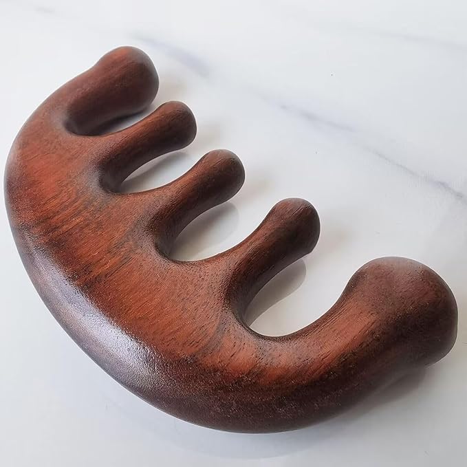 Wooden Massage Comb - 100% Natural Handmade Pure Wood Five-tooth Meridians Scalp Massager - No Static Wide Tooth Comb for Head - Scraping Massage Tool (Plain Style)