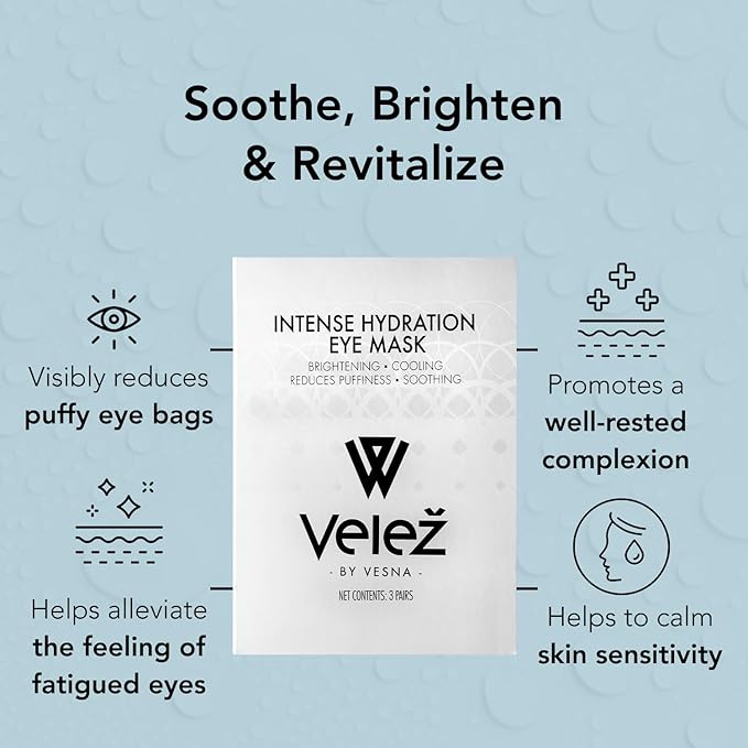 Velez Intense Hydration Under Eye Masks - Helps with Puffiness & Ultra Hydrating, Cooling Eye Mask Patches for a Brightening Effect (3 Pairs)