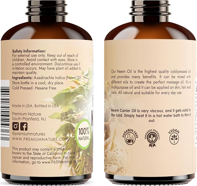 Organic Neem Oil for Skin Neem Oil for Hair Need Oil 100% Pure Cold Pressed Neem Oil for Essential Oil Mixing Neem Oil for Plants Neem Cake Massage Oil Neem Oil Spray for Indoor Plants 4oz