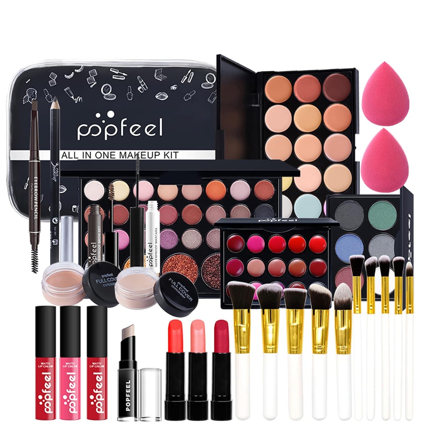 All-in-one Makeup Set for Beginners or Pros, Cosmetic-Gift for Women -Include Makeup Brush Set, Eyeshadow Palette, Powder puffs, Eyebrow Pencil, Mascara, Concealer, Lip Gloss Set -03B