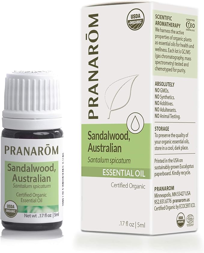 Pranarom USDA Certified Organic Australian Sandalwood Essential Oil (5ml), 100% Pure Natural Therapeutic Grade for Home Diffusing, Aromatherapy, Skincare, Candle Making, DIY Perfumes