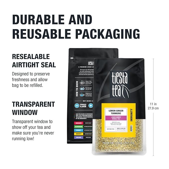 Tiesta Tea - Lemon Ginger Turmeric | Loose Leaf | Lemon Ginger Herbal Tea | Premium Non-Caffeinated Herbal Blend | Make Hot or Iced & Brews Up to 200 Cups | 16 Ounce Resealable Bulk Pouch