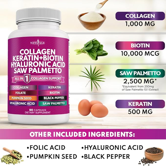 NEW AGE Collagen Pills Biotin Keratin Saw Palmetto Hyaluronic Acid - Vitamin E Folic Acid Pumpkin Seed MSM - 90 Count (Pack of 2)