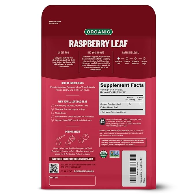 FGO Organic Red Raspberry Loose Leaf Herbal Tea, Cut and Sifted, Caffeine Free, Resealable Bag, 4oz (Pack of 1)