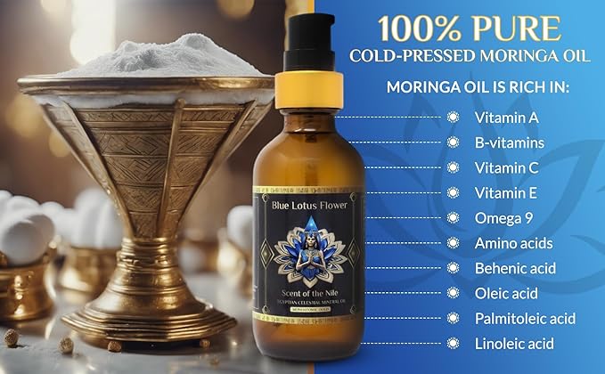 Pharoah - 100% Pure Moringa Oil blended with Leather, and Sweet Tobacco Essential oils and infused with Egyptian Ormus Gold - Pure Moringa Seed oil - Scent of The Nile - 1oz. (30 Ml)