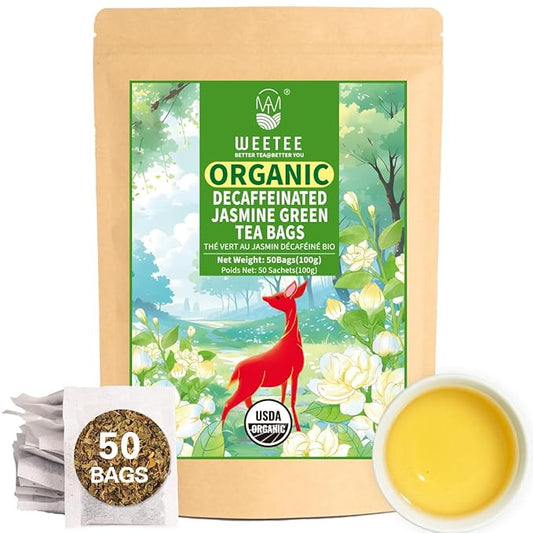 Organic Decaf Jasmine Tea Bags, Decaffeinated Green Tea Infused with Jasmine Aroma, Refreshing & Relaxing, Tagless, Sugar Free