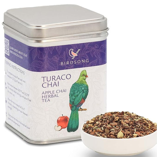 Birdsong Turaco Chai: Organic Apple Chai Herbal Tea, Caffeine Free Tea with 100% Natural Sweet Flavor of Apple, Cardamom and Cinnamon Notes and Health Benefits, Decaffeinated Honeybush Loose Leaf
