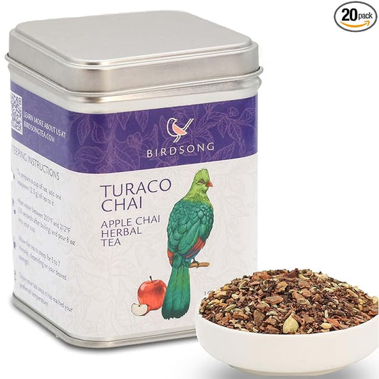 Birdsong Turaco Chai: Organic Apple Chai Herbal Tea, Caffeine Free Tea with 100% Natural Sweet Flavor of Apple, Cardamom and Cinnamon Notes and Health Benefits, 15 Pyramid Honeybush Tea Sachet
