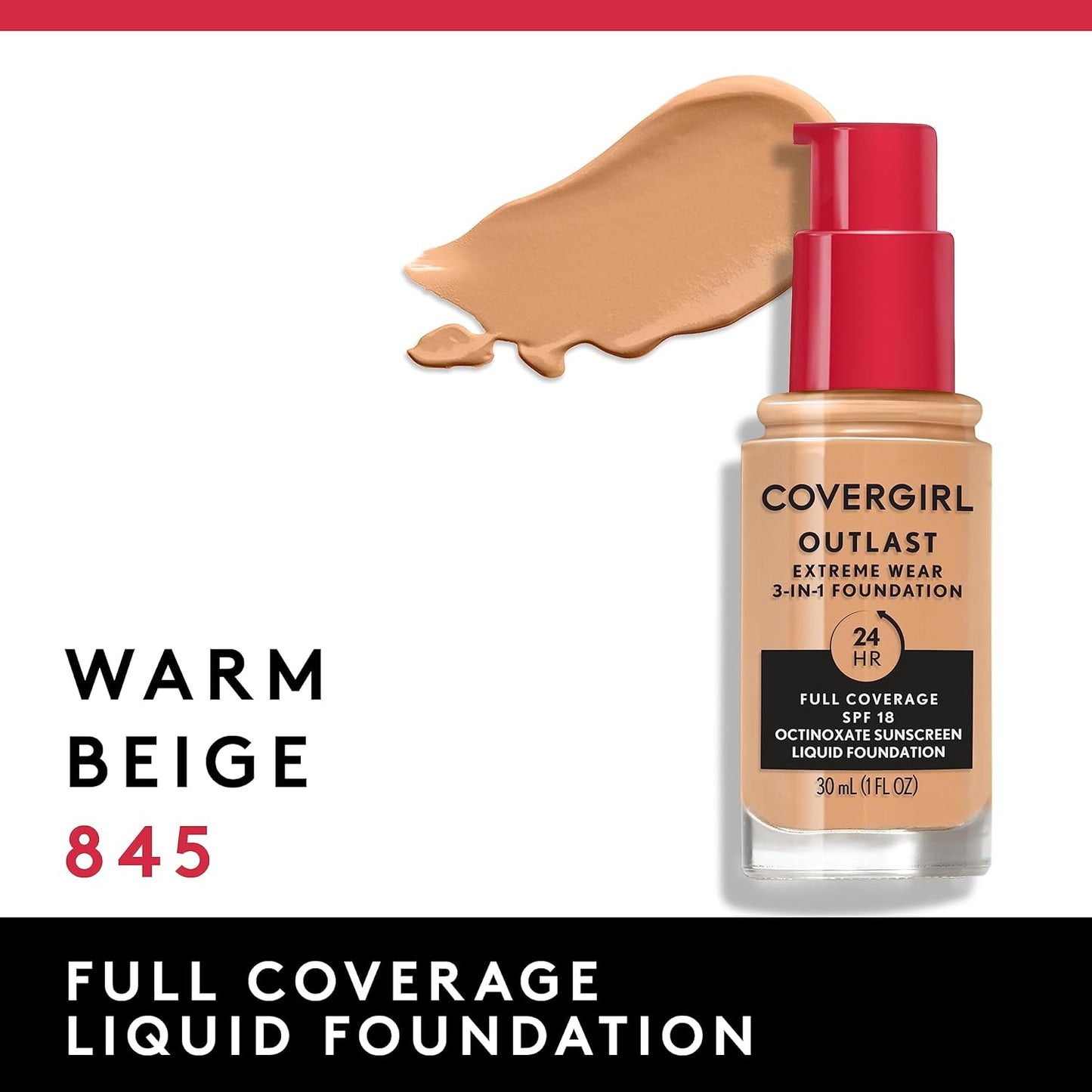 Covergirl Outlast Extreme Wear 3-in-1 Full Coverage Liquid Foundation, SPF 18 Sunscreen, Warm Beige, 1 Fl. Oz.