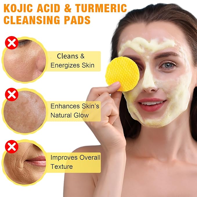 SHIFAKOU Kojic Acid Turmeric Cleansing Pads, Turmeric Cleansing Exfoliating Pads for Dark Spots, Turmeric Cleansing Pads For Face, Balance Skin Oil And Water 50PCS